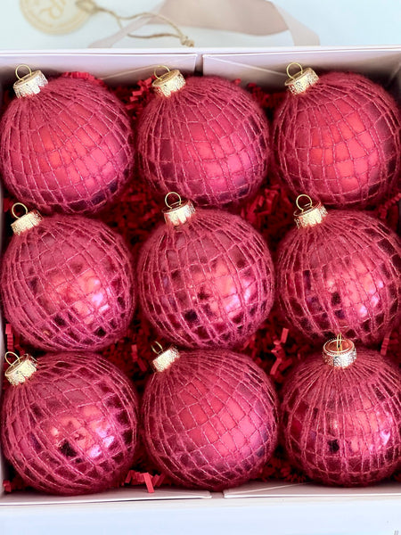 Red Yarn Christmas Ornaments Set of 9, Handmade Knit 3.5 Inch Balls, Rustic Traditional Holiday Tree Decor