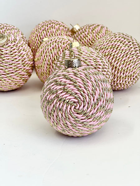 Handmade Pink & Gold Christmas Ornament: Yarn Wrapped Ball
