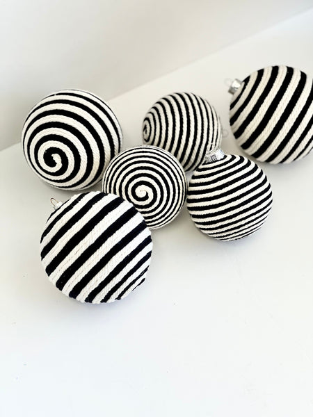 Black and White Yarn Christmas Ornaments: Striped Xmas Balls, Set of 6
