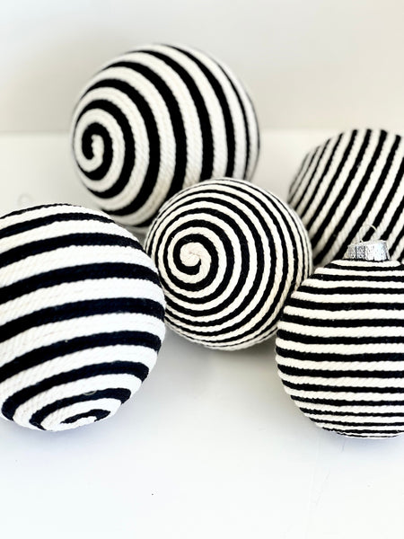 Black and White Yarn Christmas Ornaments: Striped Xmas Balls, Set of 6