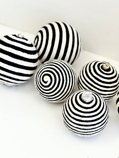 Black and White Yarn Christmas Ornaments: Striped Xmas Balls, Set of 6
