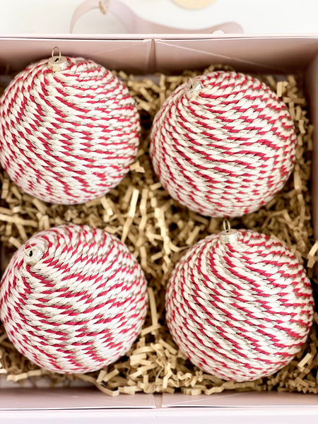 Handmade Yarn Christmas Ornaments: Pale Pink Rustic Balls, Set of 4