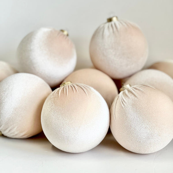 Beige Velvet Christmas Ornaments Set of 12, Neutral 3 or 4 Inch Baubles, Elegant Minimalist Holiday Tree Decor