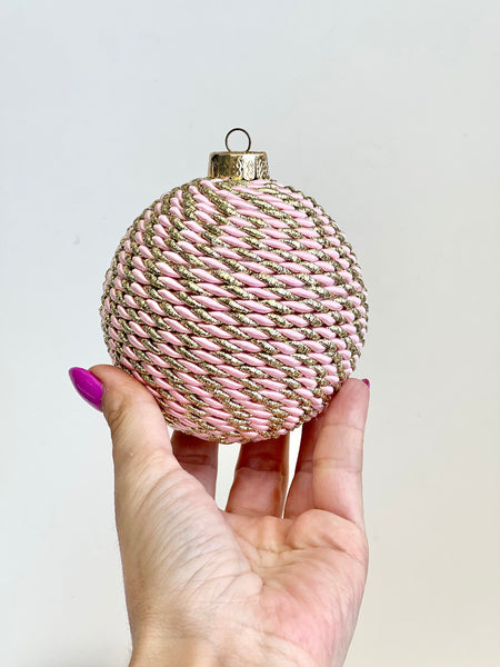 Handmade Pink & Gold Christmas Ornament: Yarn Wrapped Ball