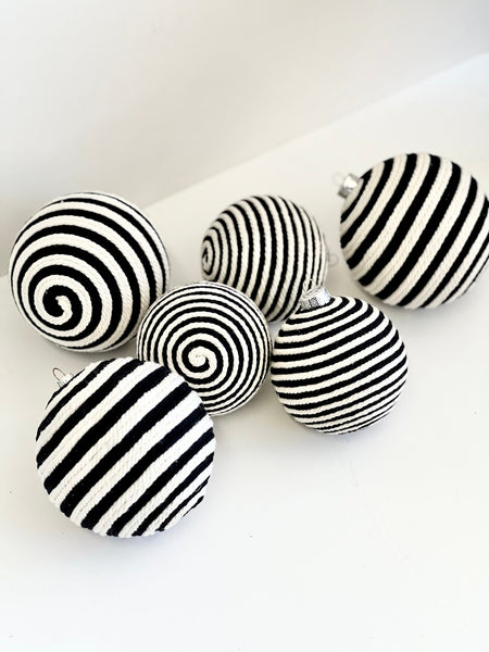 Black and White Yarn Christmas Ornaments: Striped Xmas Balls, Set of 6