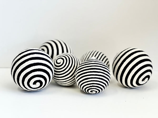 Black and White Yarn Christmas Ornaments: Striped Xmas Balls, Set of 6