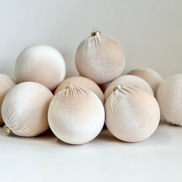 Beige Velvet Christmas Ornaments Set of 12, Neutral 3 or 4 Inch Baubles, Elegant Minimalist Holiday Tree Decor