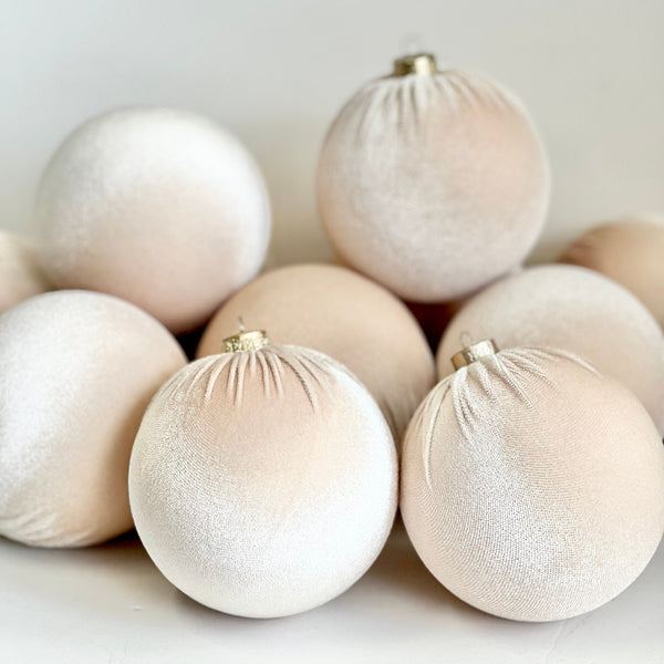 Beige Velvet Christmas Ornaments Set of 12, Neutral 3 or 4 Inch Baubles, Elegant Minimalist Holiday Tree Decor