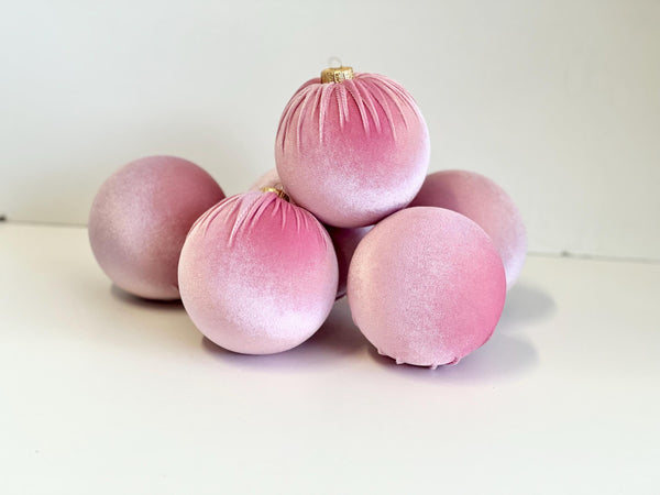 6 Powder Pink Velvet Christmas Balls: Handmade Tree Ornaments