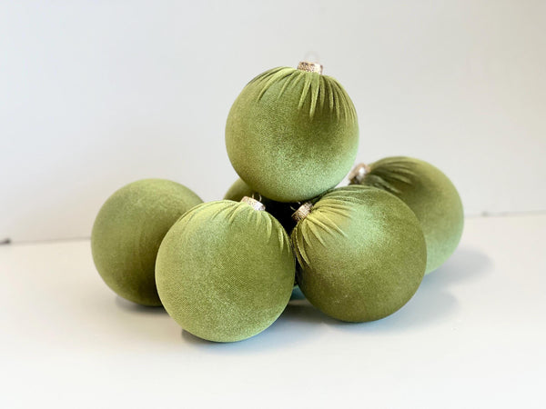 6 Olive Green Velvet Christmas Ornaments: Handmade Tree Balls