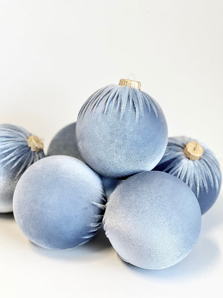 Sky Blue Velvet Christmas Balls: Handmade Tree Ornaments, Set of 6