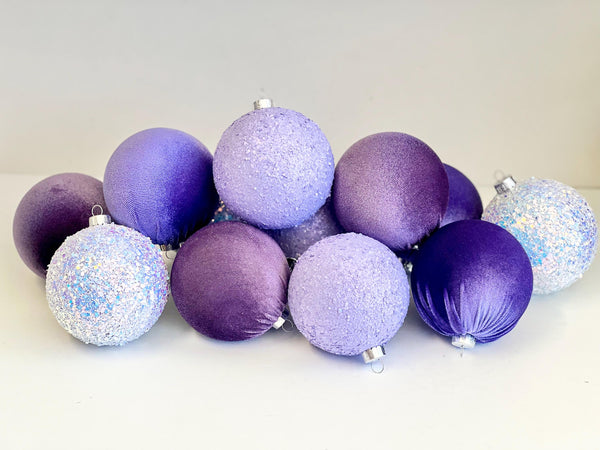 12 Purple Christmas Ornaments: Handmade Glitter Flocked Balls