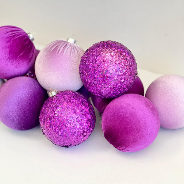 Purple Christmas Ornaments: Glitter & Velvet Handmade Decorations, Set of 12