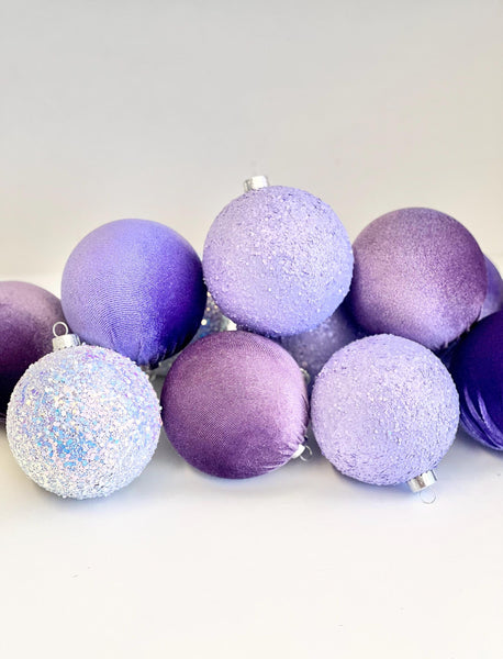 12 Purple Christmas Ornaments: Handmade Glitter Flocked Balls