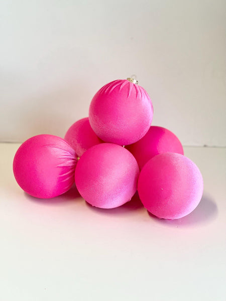 6 Neon Pink Velvet Christmas Balls: Handmade Tree Ornaments