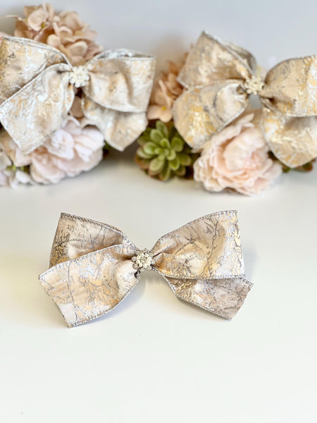 Gold and Silver Christmas Bow with Crystal Brooch, Tree Ornament, Holiday Hair Bow and Wreath Decor