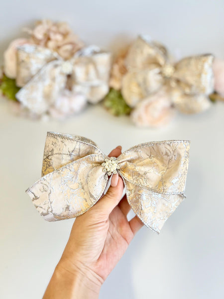 Gold and Silver Christmas Bow with Crystal Brooch, Tree Ornament, Holiday Hair Bow and Wreath Decor