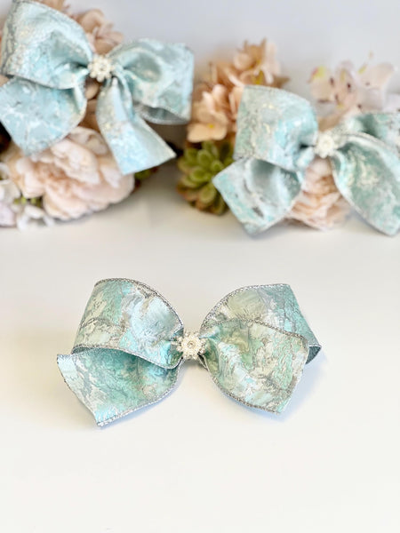 Blue and Silver Christmas Bow with Crystal Brooch, Tree Ornament, Hair Bow and Wreath Decor