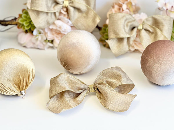 Beige and Gold Burlap Christmas Bow, Rustic Tree Ornament, Farmhouse Wreath and Holiday Decor