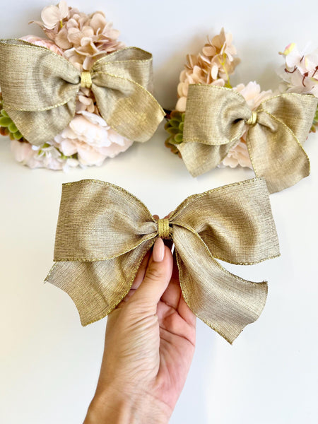Beige and Gold Burlap Christmas Bow, Rustic Tree Ornament, Farmhouse Wreath and Holiday Decor