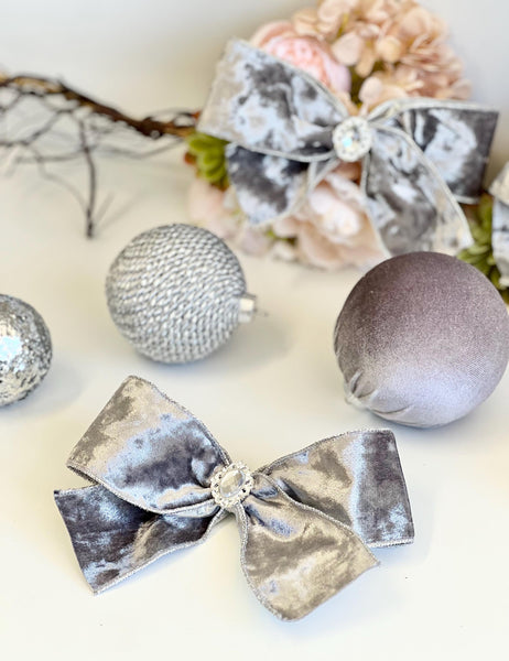 Gray Velvet Christmas Bow with Crystal Brooch, Tree Ornament, Holiday Hair Bow and Wreath Decor