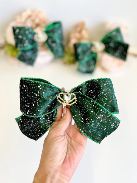 Emerald Green Velvet Christmas Bow, Optional Crown, Tree Ornament, Hair Bow and Wreath Decor