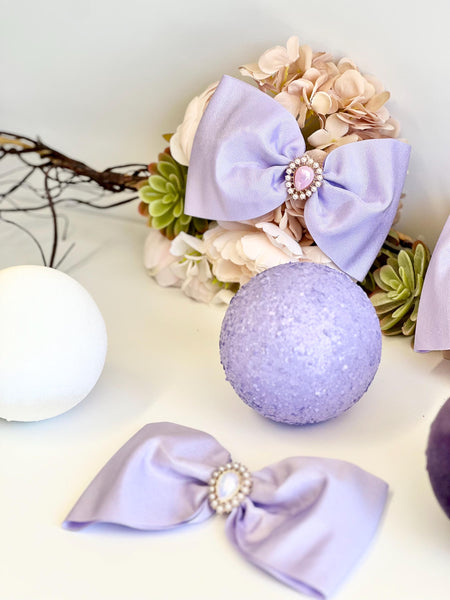 Lavender Satin Christmas Bow with Pearl Brooch, Tree Ornament, Hair Bow and Wreath Decor