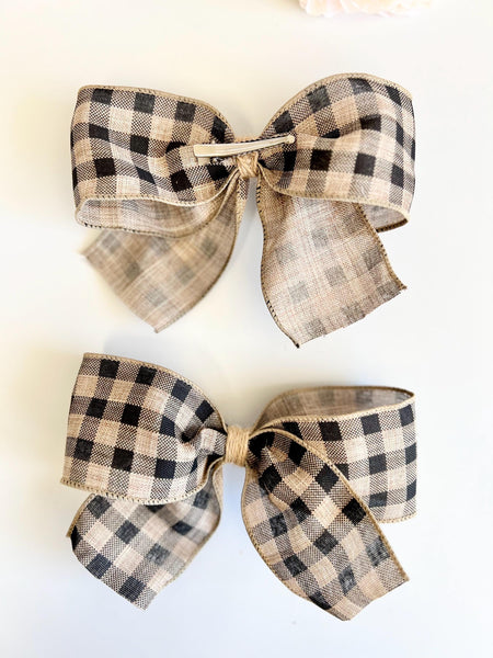 Beige and Black Plaid Christmas Bow, Rustic Tree Ornament, Farmhouse Hair Bow and Wreath Decor