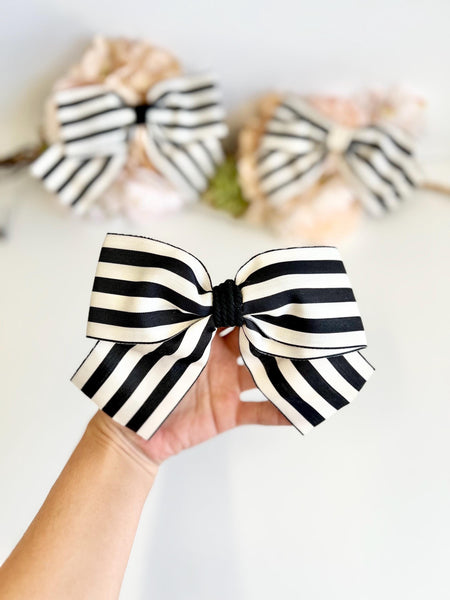 Black and White Striped Bow, Christmas Tree Ornament, Farmhouse Holiday Decor, Large Hair Bow