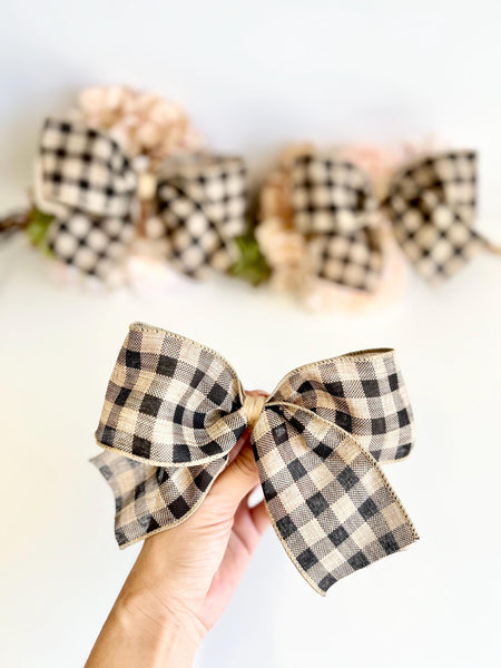 Beige and Black Plaid Christmas Bow, Rustic Tree Ornament, Farmhouse Hair Bow and Wreath Decor