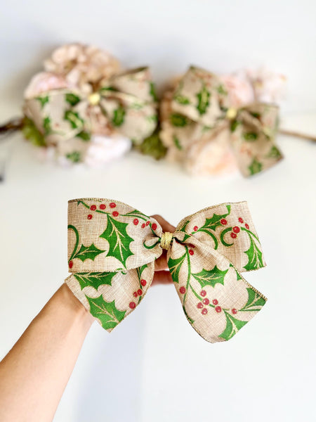 Christmas Holly Bow, Holiday Tree Ornament, Farmhouse Wreath Decor, Festive Hair Bow