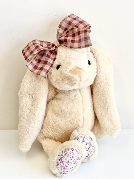 Beige and Burgundy Plaid Christmas Bow, Rustic Tree Ornament, Hair Bow and Wreath Decor