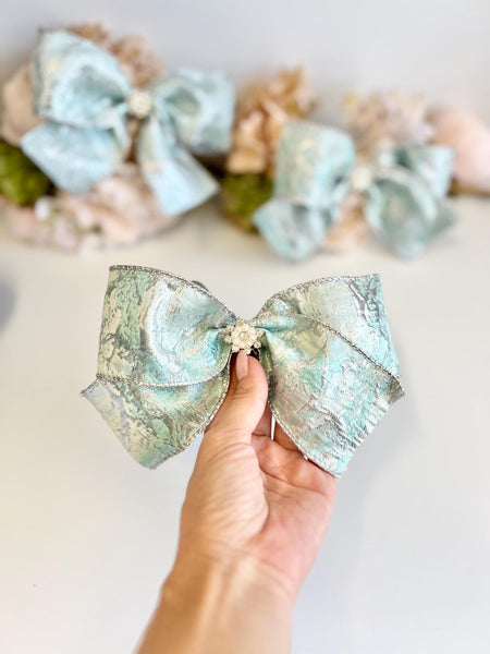 Blue and Silver Christmas Bow with Crystal Brooch, Tree Ornament, Hair Bow and Wreath Decor