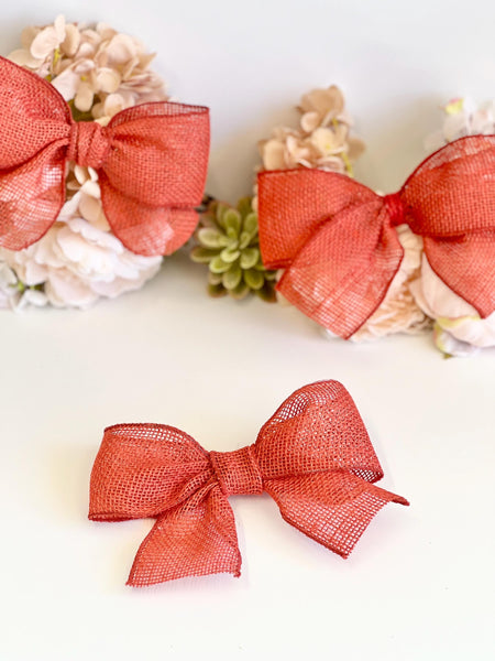Rust Brown Burlap Christmas Bow, Rustic Tree Ornament, Farmhouse Wreath and Holiday Decor