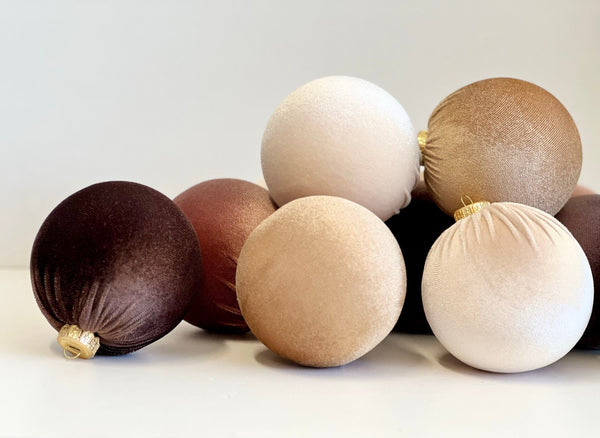 Brown Velvet Christmas Ornaments Set of 12, Neutral 3 or 4 Inch Baubles, Classic Warm Holiday Tree Decor