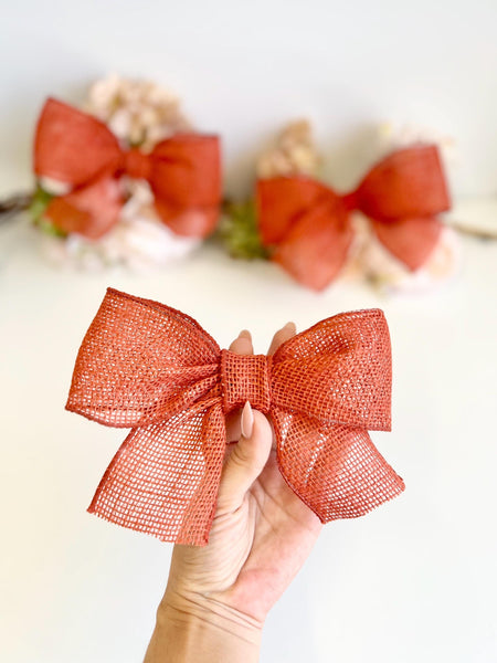 Rust Brown Burlap Christmas Bow, Rustic Tree Ornament, Farmhouse Wreath and Holiday Decor