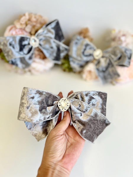 Gray Velvet Christmas Bow with Crystal Brooch, Tree Ornament, Holiday Hair Bow and Wreath Decor