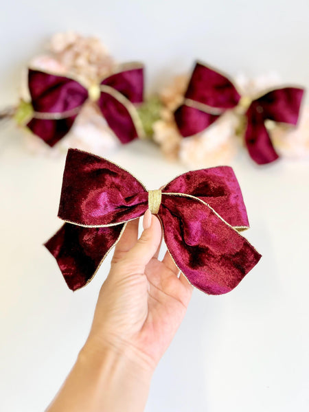 Burgundy Velvet Christmas Bow, Tree Ornament, Holiday Hair Bow and Wreath Decor