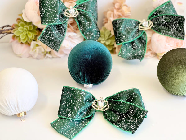 Emerald Green Velvet Christmas Bow, Optional Crown, Tree Ornament, Hair Bow and Wreath Decor