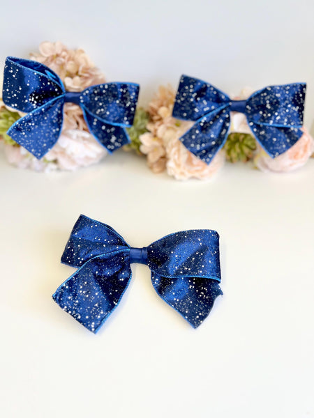 Navy Blue Glitter Velvet Christmas Bow, Tree Ornament, Holiday Hair Bow and Wreath Decor
