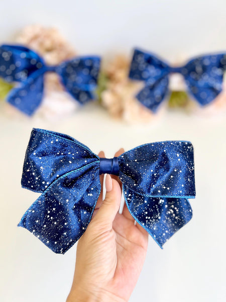 Navy Blue Glitter Velvet Christmas Bow, Tree Ornament, Holiday Hair Bow and Wreath Decor