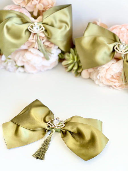 Olive Green Christmas Bow, Optional Crystal Brooch, Tree Ornament, Hair Bow and Wreath Decor