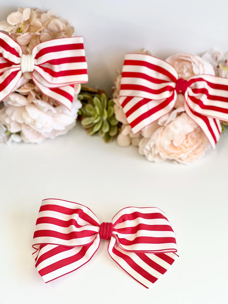 Red and White Striped Christmas Bow, Tree Ornament, Farmhouse Hair Bow and Wreath Decor