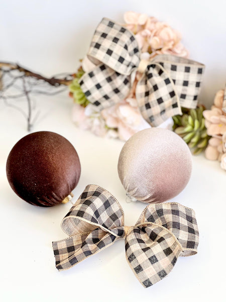 Beige and Black Plaid Christmas Bow, Rustic Tree Ornament, Farmhouse Hair Bow and Wreath Decor