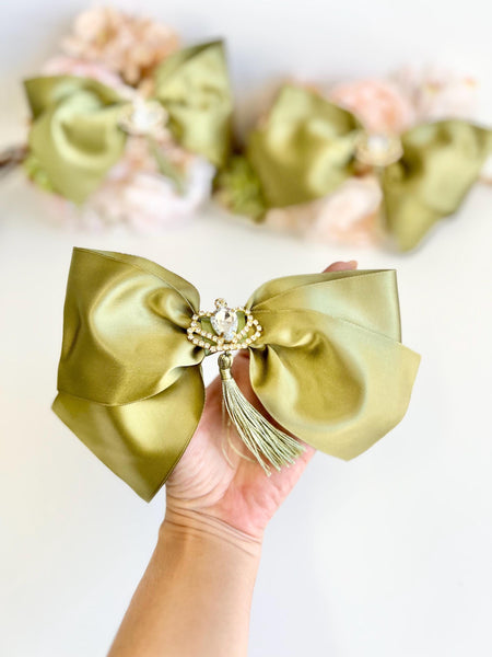 Olive Green Christmas Bow, Optional Crystal Brooch, Tree Ornament, Hair Bow and Wreath Decor