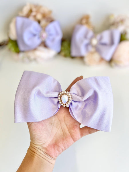 Lavender Satin Christmas Bow with Pearl Brooch, Tree Ornament, Hair Bow and Wreath Decor