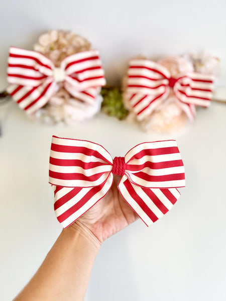 Red and White Striped Christmas Bow, Tree Ornament, Farmhouse Hair Bow and Wreath Decor