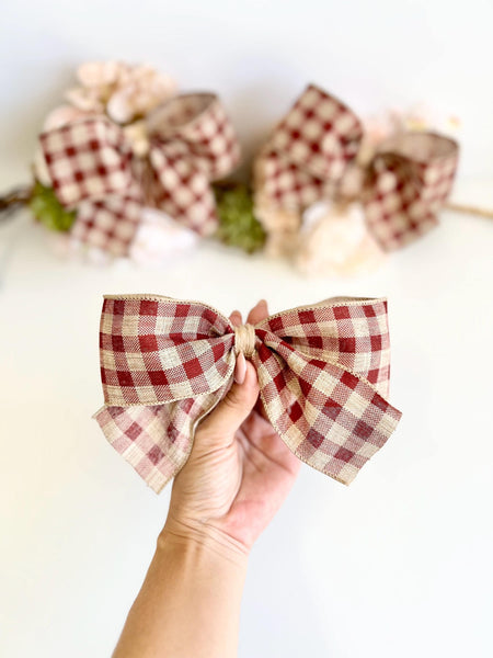 Beige and Burgundy Plaid Christmas Bow, Rustic Tree Ornament, Hair Bow and Wreath Decor