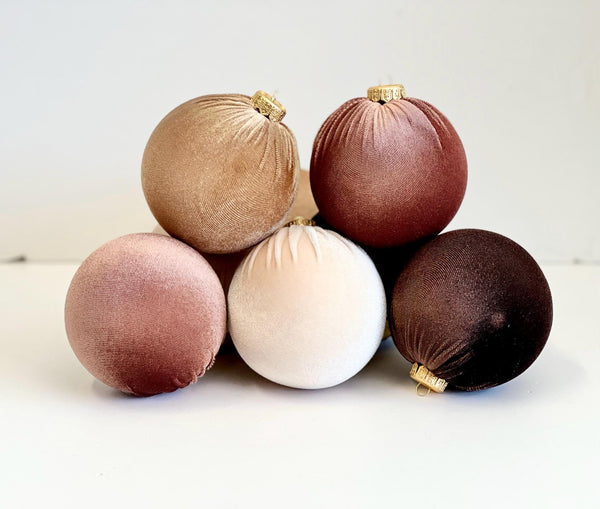 Brown Velvet Christmas Ornaments Set of 12, Neutral 3 or 4 Inch Baubles, Classic Warm Holiday Tree Decor