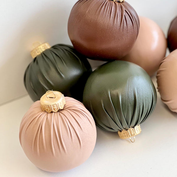 Faux Leather Christmas Ornaments: Rustic Brown & Green Holiday Decor